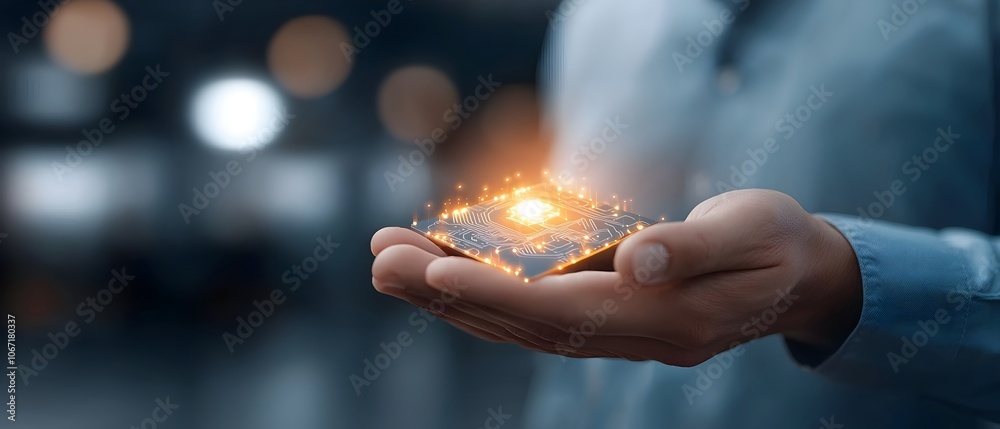 Glowing AI Powered Circuit Board in Businessman s Hand with Neon Atmosphere Advanced Technology and Machine Learning Concept for the Future of Business and Innovation Glowing AI Powered Circuit Board in Businessman s Hand with Neon Atmosphere Advanced Technology and Machine Learning Concept for the Future of Business and Innovation