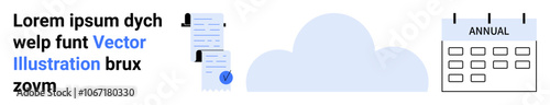 Stack of documents with icons, cloud icon, calendar marked Annual. Ideal for cloud storage, data security, scheduling, information management, digital organization, office productivity, workflow