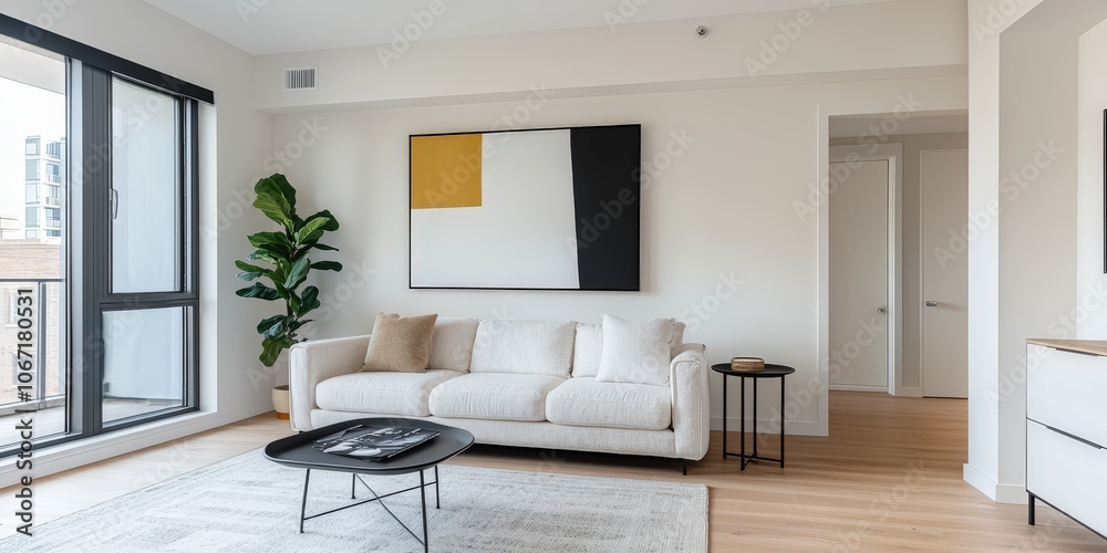 Fototapeta premium A modern, minimalist living room featuring a white couch, abstract art, a potted plant, and natural light from large windows.