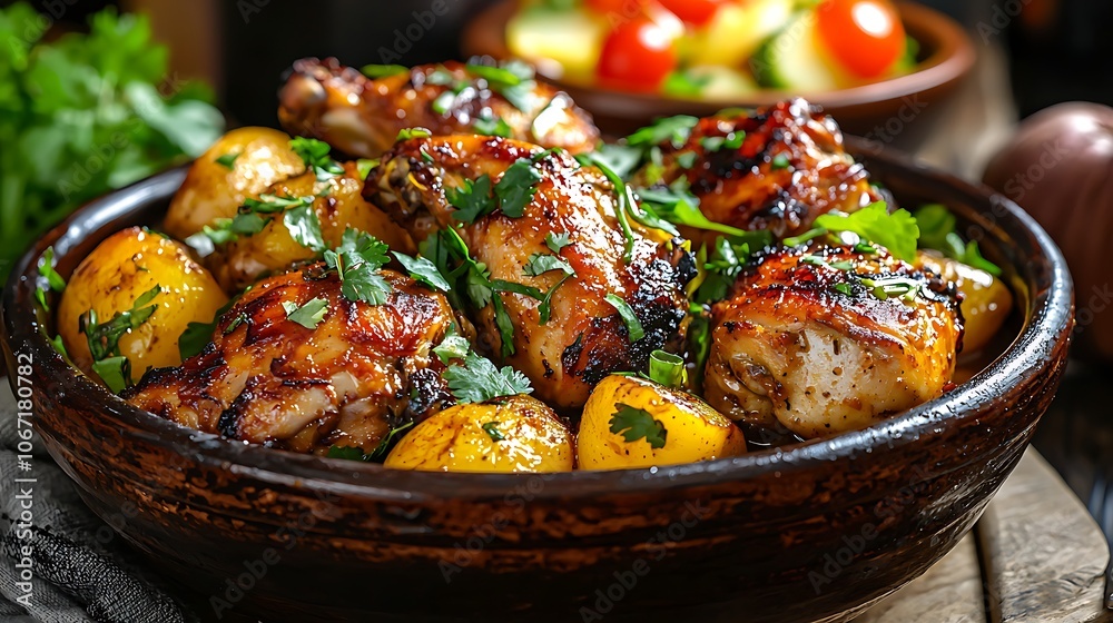 Grill juicy chicken with flavorful potatoes and fresh herbs Grill juicy chicken with flavorful potatoes and fresh herbs