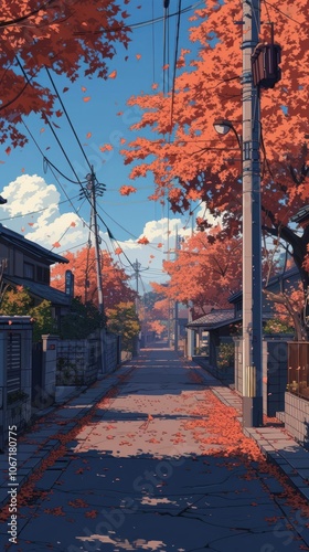 Autumn tress neighbourhood architecture sunlight.
