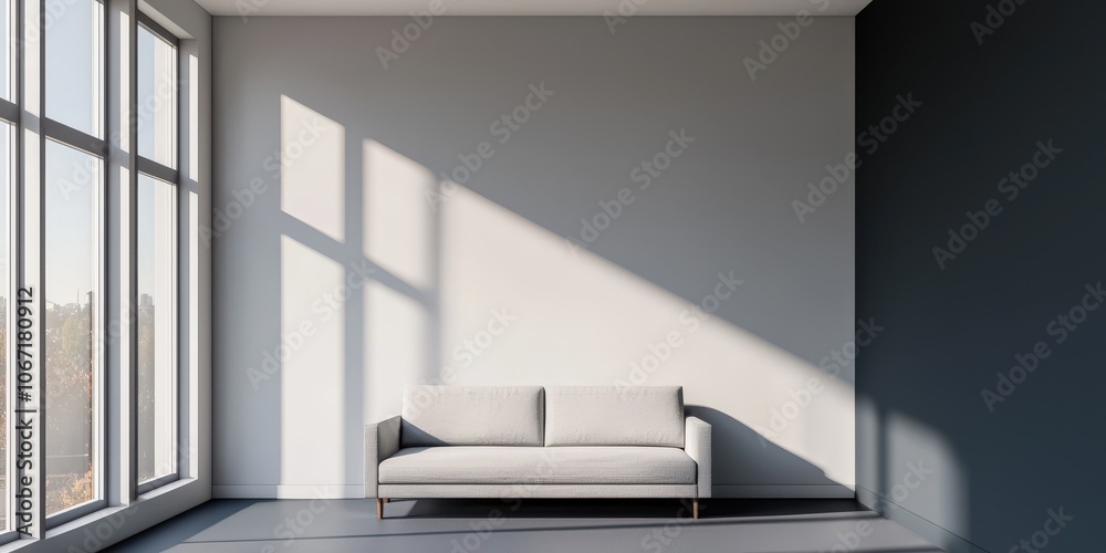 A minimalist interior featuring a modern sofa beside large windows, creating a serene atmosphere and emphasizing natural light. A minimalist interior featuring a modern sofa beside large windows, creating a serene atmosphere and emphasizing natural light.