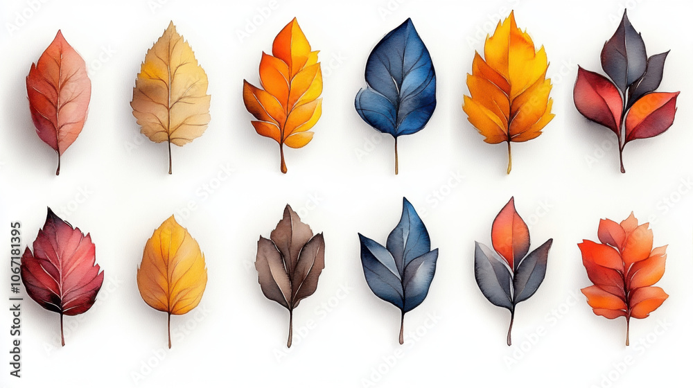 Obraz premium A colorful array of artistic leaves showcasing various shapes and autumn hues, ideal for nature enthusiasts and art lovers.