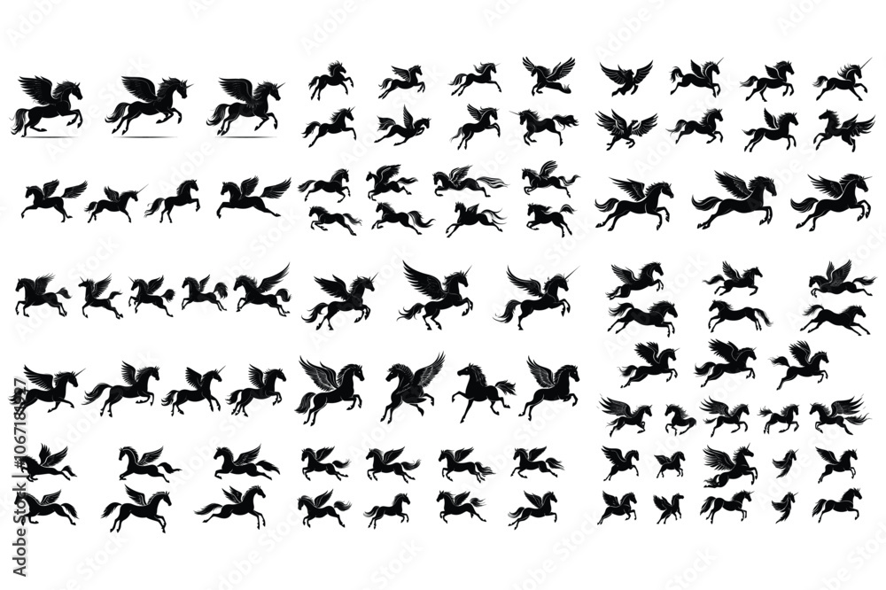 Collection of Pegasus and Unicorn Silhouettes - Winged and Mythical Horse Vector Illustrations Collection of Pegasus and Unicorn Silhouettes - Winged and Mythical Horse Vector Illustrations