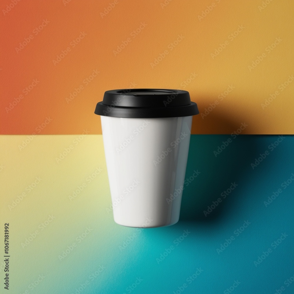 White coffee cup with a black lid, isolated with a high contrast colorful background for bold branding. White coffee cup with a black lid, isolated with a high contrast colorful background for bold branding.