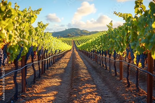 Lush vineyard rows with ripe grapes under a clear sky.