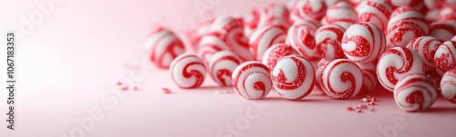 Many red and white candies on a pink surface photo