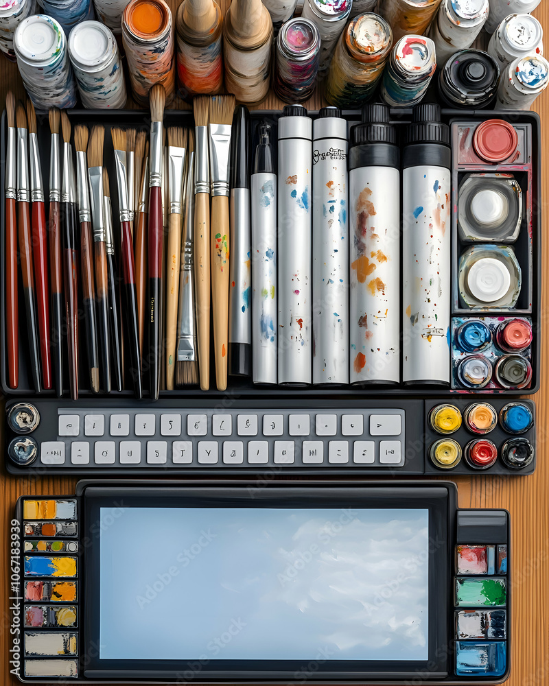 An artist's supplies are neatly organized in a tray.