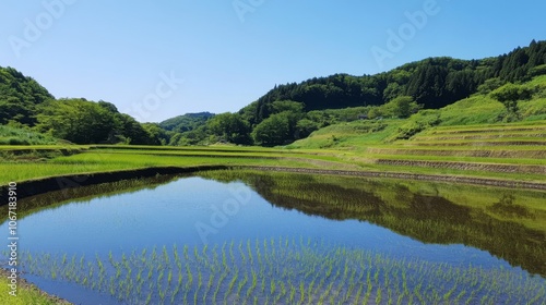 Terraced Rice Field Under Clear Sky with Blue Reflections in Water.