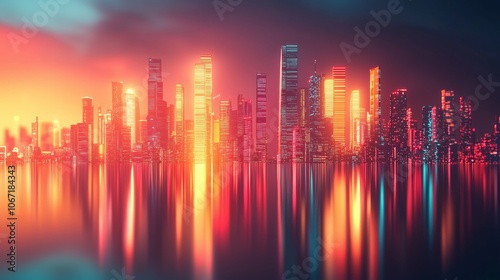 Vibrant Metallic City Skyline Reflection in Pool