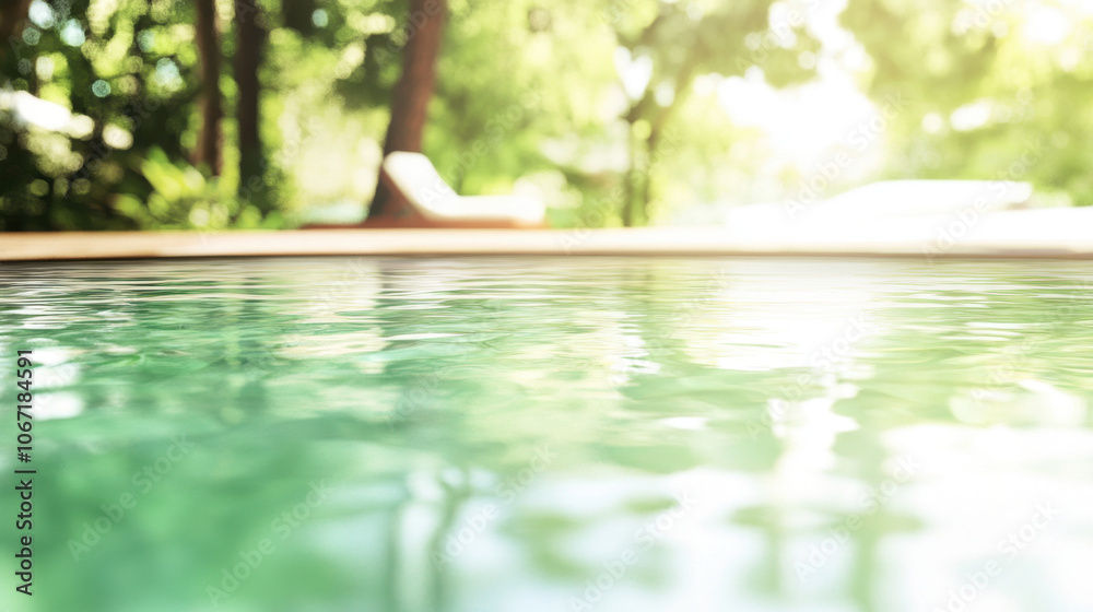 Fototapeta premium A tranquil pool scene with clear water reflecting the surrounding greenery, bathed in soft sunlight.