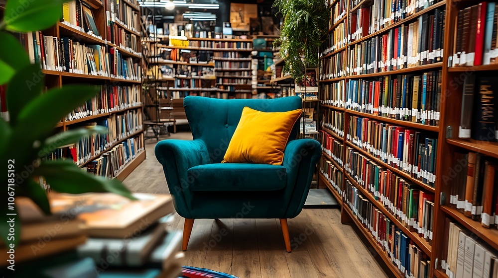 Cozy reading nook invites relaxation in library Cozy reading nook invites relaxation in library