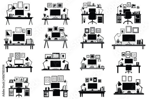 Minimalist Workspace Desk Illustrations with Computer Monitors, Lamps, and Office Supplies