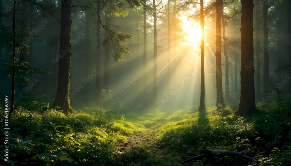 Obraz premium Morning sun rays in the forest