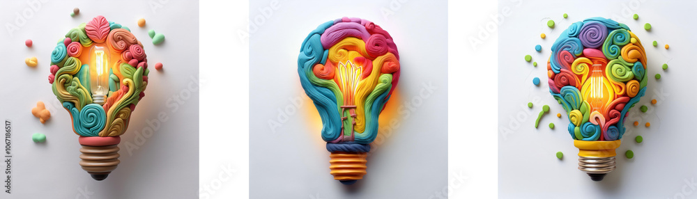 Three lightbulbs made of colorful, molded dough are displayed on a white background. The bulbs are glowing, giving the impression of creative inspiration. Three lightbulbs made of colorful, molded dough are displayed on a white background. The bulbs are glowing, giving the impression of creative inspiration.