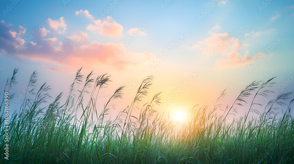 Silhouetted grass blowing in the wind with a vibrant sunset in the background. Silhouetted grass blowing in the wind with a vibrant sunset in the background.