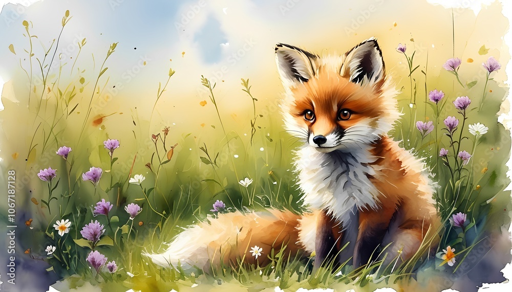 A charming painting of a young fox sitting in a field of wildflowers. The fox's inquisitive expression and soft fur are beautifully captured in this artwork. A charming painting of a young fox sitting in a field of wildflowers. The fox's inquisitive expression and soft fur are beautifully captured in this artwork.