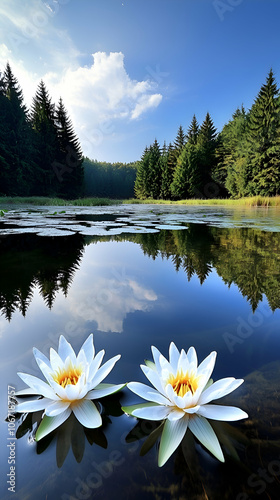 Two white water lilies floating on a still lake with a forest in the background.