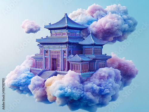 A large, ornate palace with blue roofs and gold accents is floating in a sea of pink and blue clouds. photo