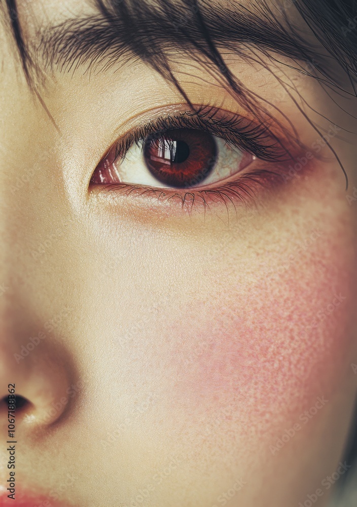 Fototapeta premium Japanese Woman’s Natural Skin Texture and Makeup with Soft Shadows and Detailed Facial Features