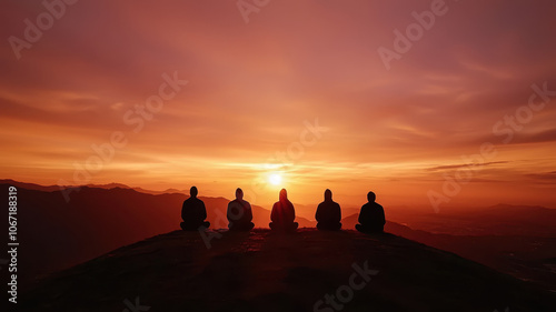 Silhouetted people meditating at sunrise on mountain peak, peaceful scene