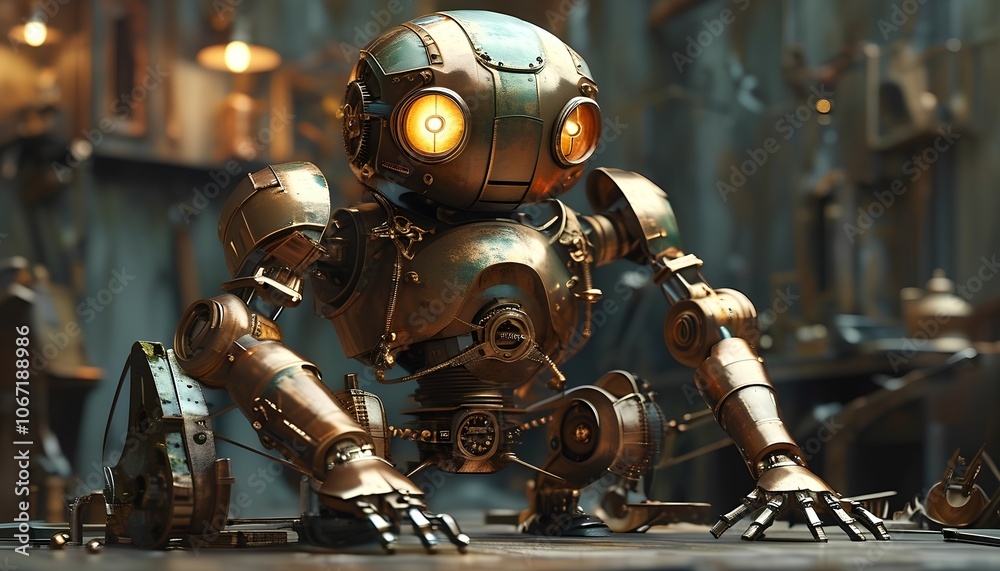 Fototapeta premium This captivating image showcases a steampunk robot perched on a workbench, its intricate gears and glowing eyes hinting at its inner workings.