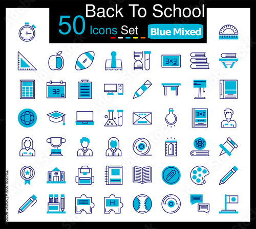 Set of 50 Back to School icons related to Alarm Clock, Protractor, Triangular Ruler, Apple Line Icon collection