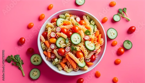 Pasta salad with vegetables on pink background. Top view. 