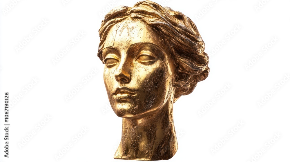 Ancient-inspired golden Venus head sculpture, isolated on white, combining antique allure with a minimalist vibe Ancient-inspired golden Venus head sculpture, isolated on white, combining antique allure with a minimalist vibe
