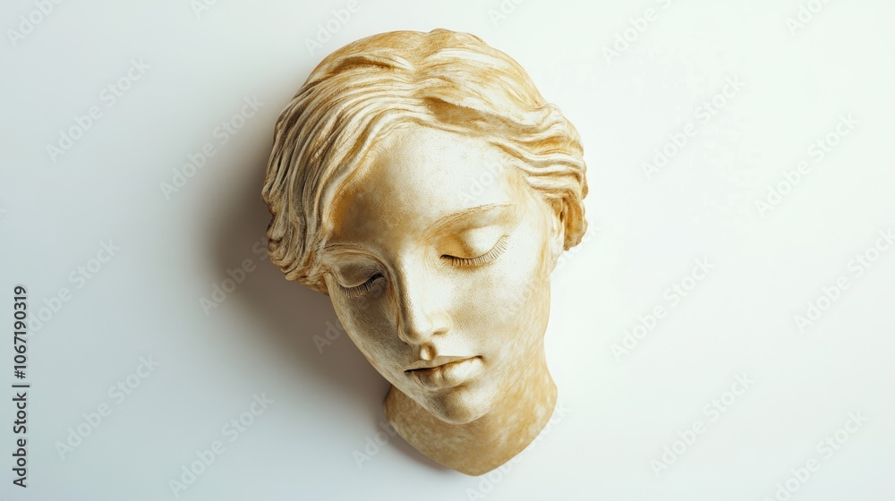 Ancient-inspired Venus head in golden plaster, isolated on white, capturing timeless beauty in a modern setting Ancient-inspired Venus head in golden plaster, isolated on white, capturing timeless beauty in a modern setting