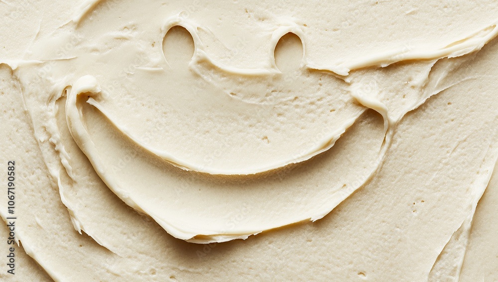 A close-up of a creamy beige spread with a smiley face drawn on top A close-up of a creamy beige spread with a smiley face drawn on top