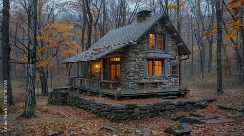 Rustic Stone Cottage in the Woods with Autumn Foliage