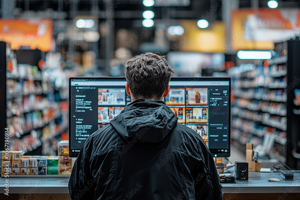 Person at a computer in a lively night retail setting Person at a computer in a lively night retail setting