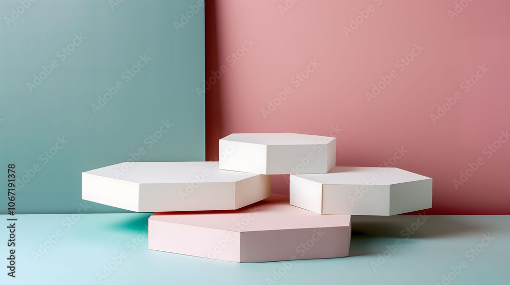 Polygon Podiums for Multiple Products Display Featuring Light green and Red Background Polygon Podiums for Multiple Products Display Featuring Light green and Red Background