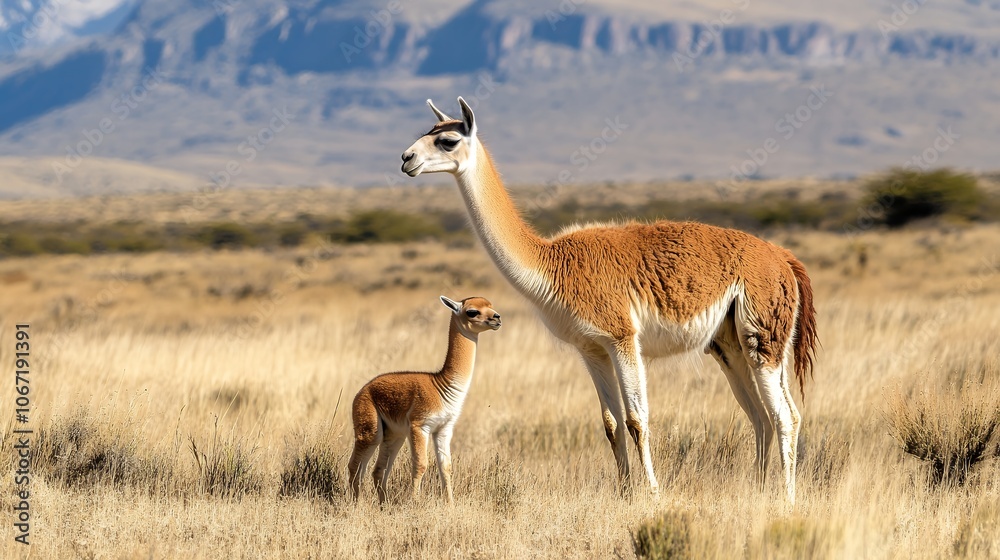 Fototapeta premium Adult llama and baby standing alert in golden grass field with mountain backdrop, showing natural parenting behavior in wild habitat