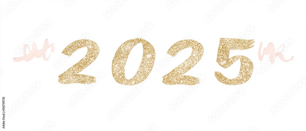 2025 written in golden glitter on a simple white background. Pink decorative accents add an artistic touch to this festive design. 2025 written in golden glitter on a simple white background. Pink decorative accents add an artistic touch to this festive design.