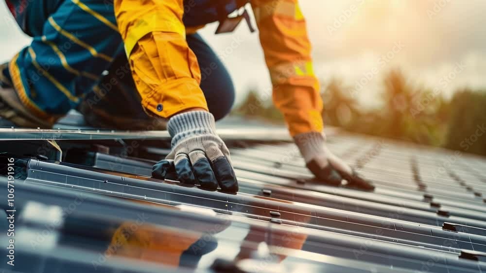 A worker wearing protective gear while handling the panels emphasizing the importance of safety during the installation. A worker wearing protective gear while handling the panels emphasizing the importance of safety during the installation.