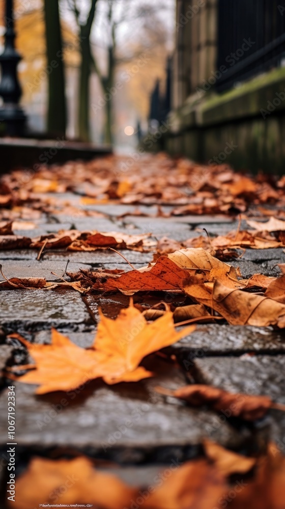 Dry autumn leaves fallen tree street plant.