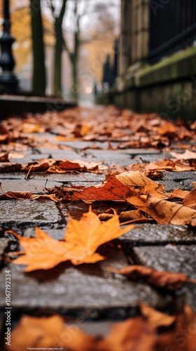 Dry autumn leaves fallen tree street plant.