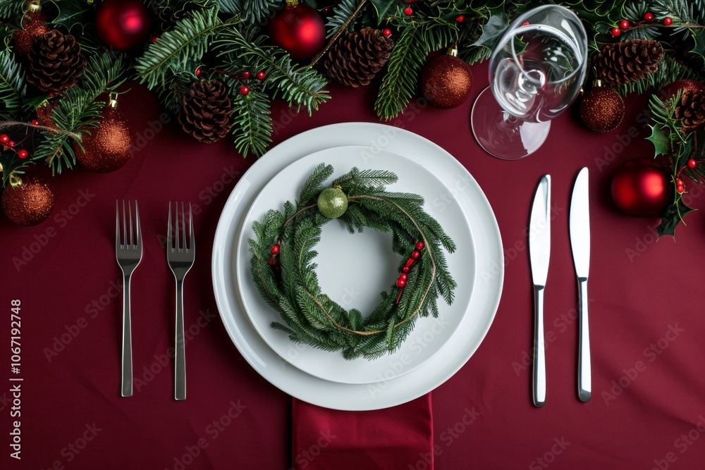 Christmas table setting with a green wreath on a white plate, surrounded by pine branches, red baubles, and pinecones on a deep red background. Christmas table setting with a green wreath on a white plate, surrounded by pine branches, red baubles, and pinecones on a deep red background.