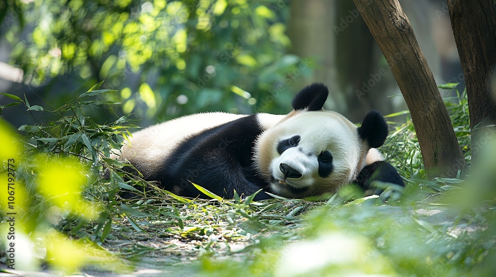 Naklejka premium Giant panda lying peacefully among bamboo plants in natural habitat, displaying characteristic black and white fur pattern in lush green environment