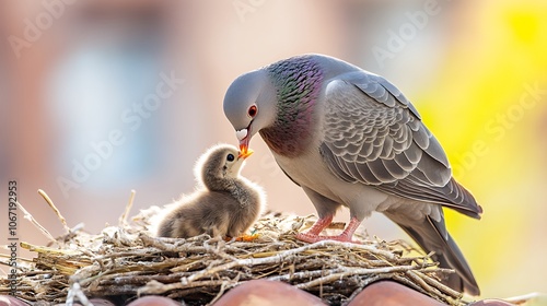 Adult pigeon feeding its baby chick in straw nest, demonstrating parental care and nurturing behavior with soft morning light