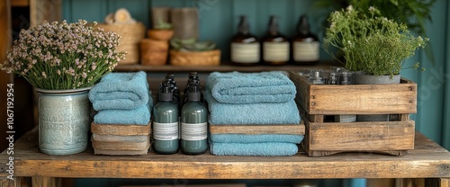 Rustic Spa Essentials Towels, Bottles, and Wooden Crate