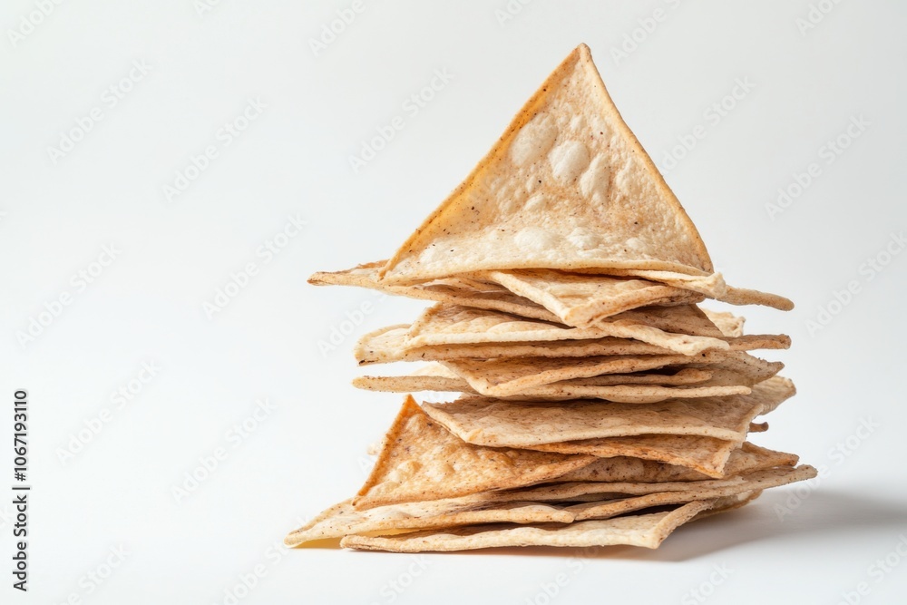 Close-up of Triangular Tortilla Chips on White Background with Copy Space Close-up of Triangular Tortilla Chips on White Background with Copy Space