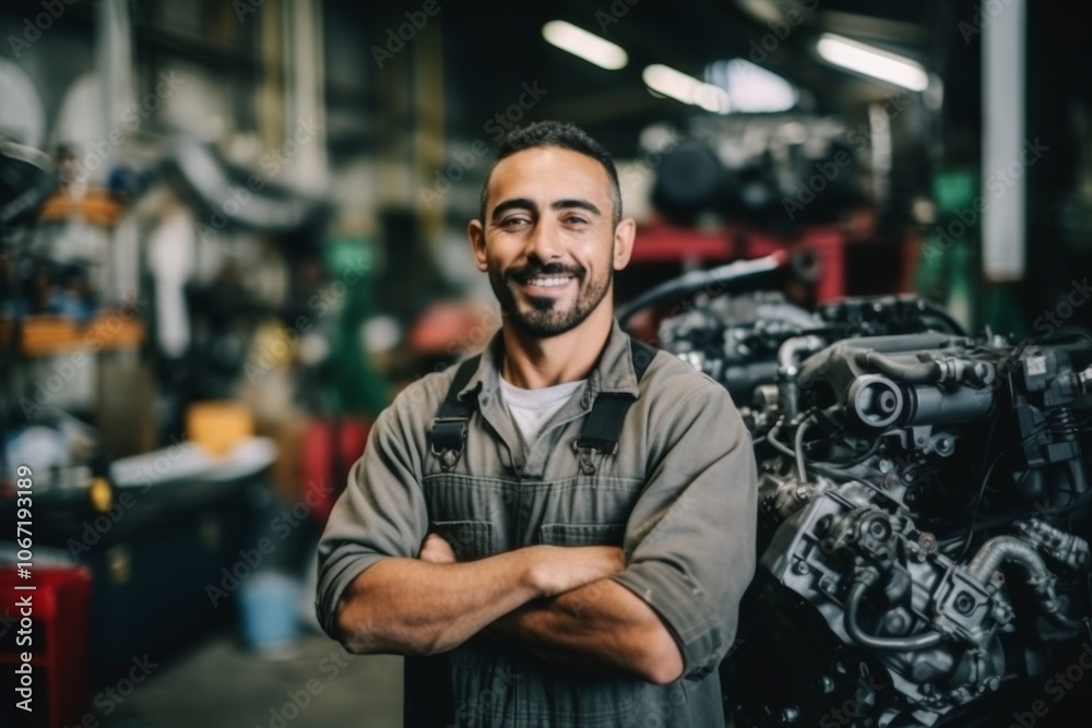 Portrait of a smiling Latin man engineer in auto party factory Portrait of a smiling Latin man engineer in auto party factory