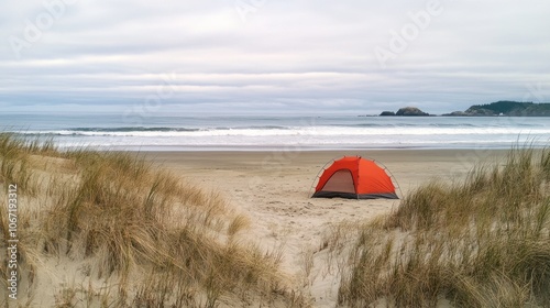 Beach Camping - Tent set up on sandy shores with waves in the background, perfect for a coastal camping scene. photo