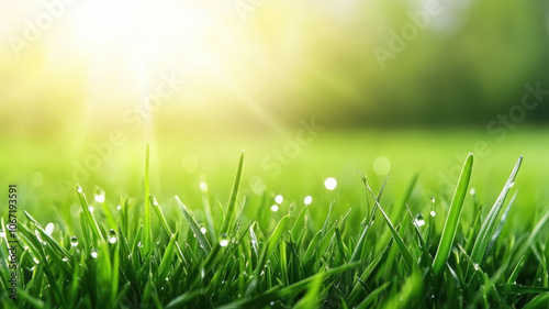 Fresh green grass glistening with dewdrops under soft sunlight