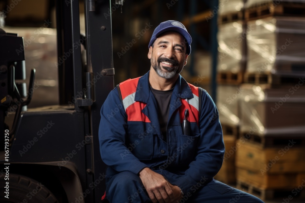 Portrait of a Hispanic middle aged worker leaning on pallet in warehouse Portrait of a Hispanic middle aged worker leaning on pallet in warehouse