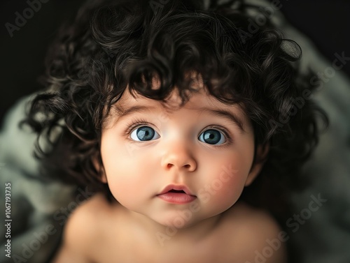 A baby with curly hair and blue eyes looking up