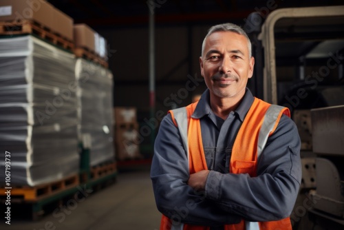 Portrait of a Hispanic middle aged worker leaning on pallet in warehouse